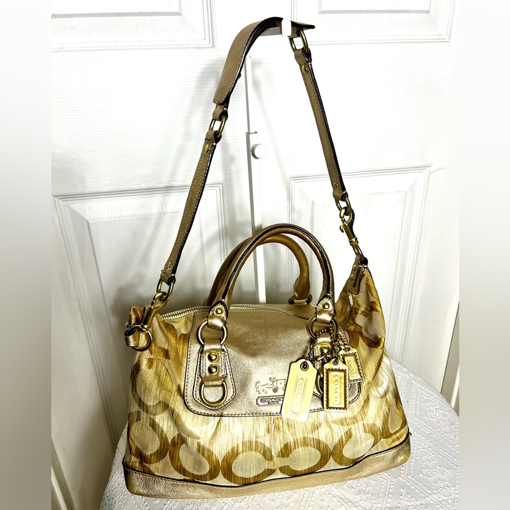 COACH💥VINTAGE~SOLD OUT💥Signature Canvas Gold Leather Hobo  Convertible Handbag